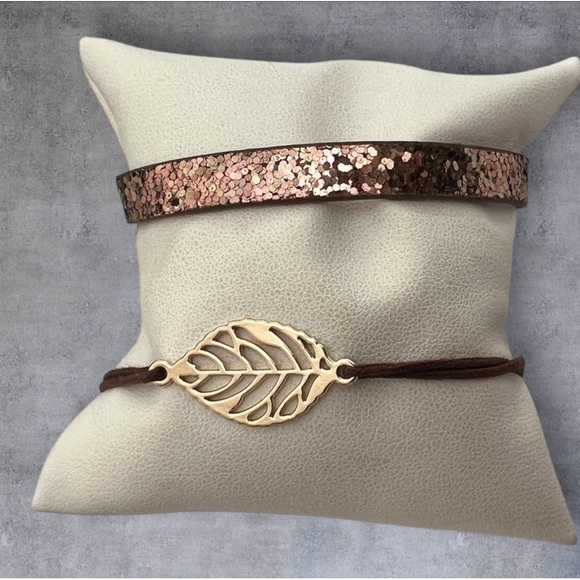Set of 2 brown bracelets gold tone leaf - Picture 1 of 5